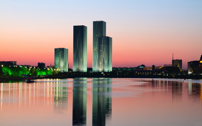 kazakhstan, building, tall - high, illuminated, office Building, waterfront, cityscape, modern, blue, night, panoramic, dusk, urban Skyline, city, body