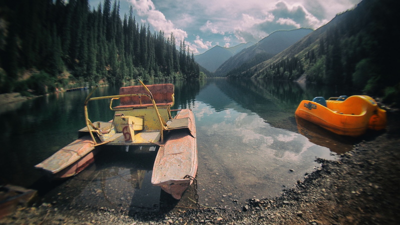 scenics - nature, retro, tranquil scene, lake, tree, beauty in nature, mountain, fisheye, idyllic, 4K, forest, nautical vessel, sky, outdoors, water, water bicycle
