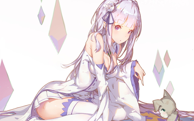 1080P, white, Re:ZERO -Starting Life in Another World-, Anime, Emilia (Re:ZERO), female, haired, Pack (Re:ZERO), character, Re:Zero