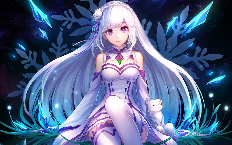 looking at camera, female likeness, three quarter length, beauty, glowing, young adult, representation, portrait, Emilia (Re:ZERO), front view, black background