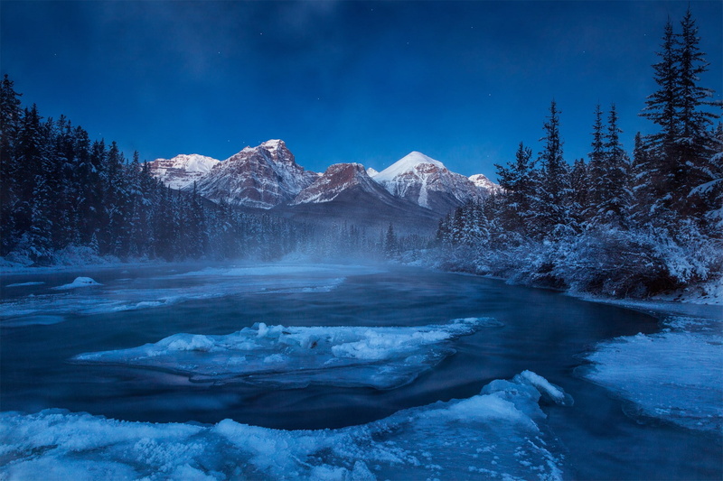 ice, pine tree, trees, nature, forest, winter, scenics - nature, mist, beauty in nature, water, mountain, non-urban scene, lake, mountain range, astronomy