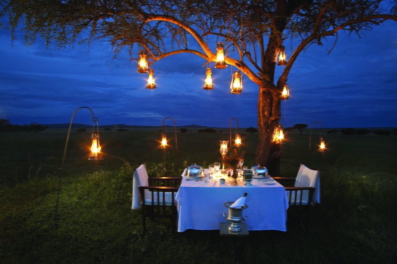 dining, outdoors, elegance, romantic, romance, electric Lamp, candle, lighting Equipment, food and drink, illuminated, Africa, tree, table, champagne, night