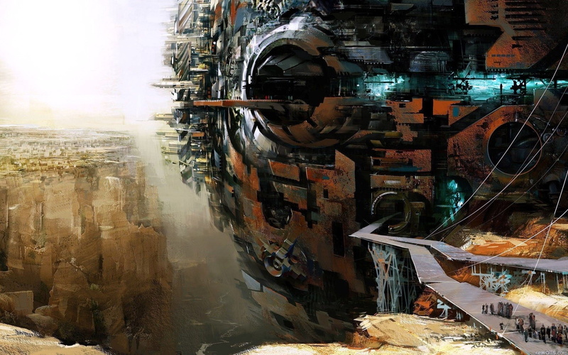 outdoors, mode of transportation, transportation, business, built structure, science fiction, canyon, machinery, artwork, Daniel Dociu, Guild Wars 2