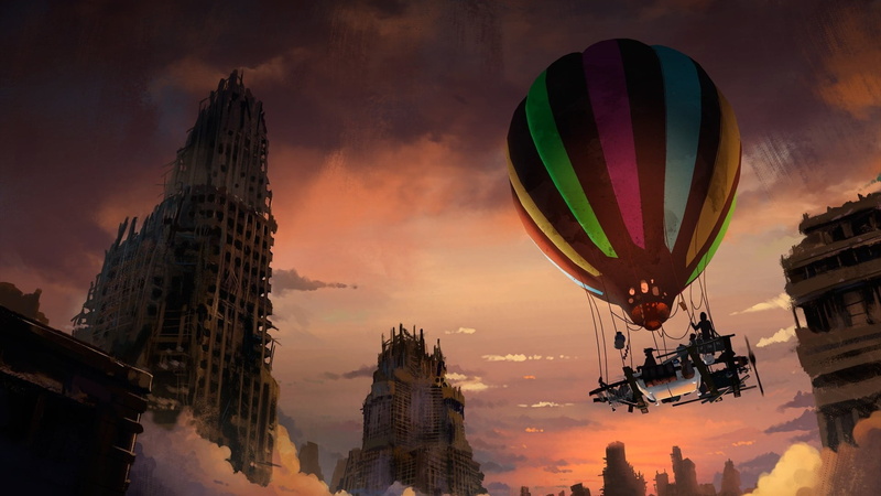 hot, flying, hot air balloon, air, travel destinations, building exterior, apocalyptic, built structure, nature, sunset, air vehicle, sky, city, mode of transportation