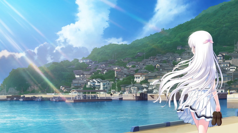 1080P, building exterior, cityscape, anime, mountain, cloud - sky, clouds, white hair, long hair, sunlight, transportation, Summer Pockets, nature, swimming pool