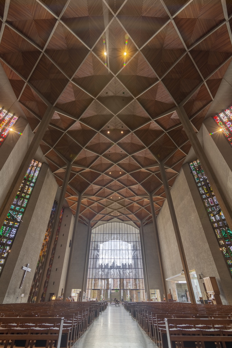 built structure, day, empty, window, no people, architecture, modern, direction, ceiling, coventry cathedral, 5K, connection, angel, metal, diminishing perspective
