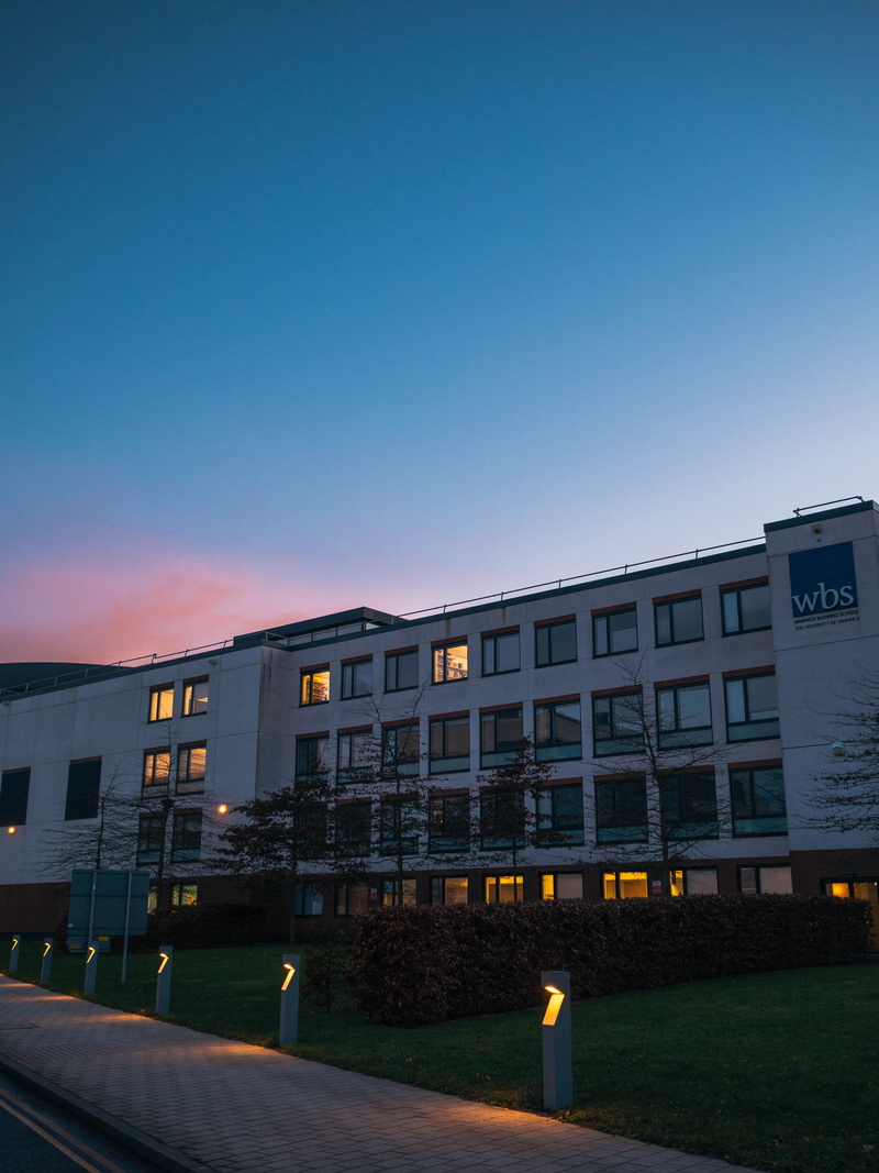 facade, modern, building exterior, coventry, architecture, sunset, illuminated, no people, university, clear sky, dusk, office, pink, copy space, sky, blue