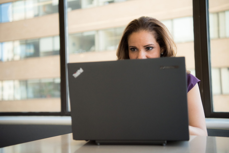 eyes, wireless, modern, top, thinkpad, lenovo, wearing, 5K, front view, portrait, person, electronics, working, table, blond hair, women, looking at camera