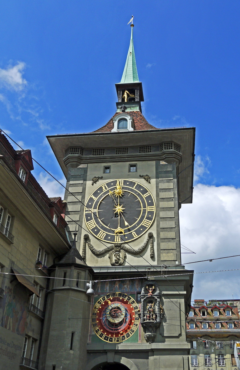no people, travel destinations, time, sky, low angle view, built structure, zytglogge, nature, tower, pedestrian zone, old, clock face, historic center