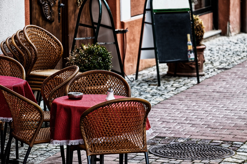 downtown, photo, 4K, nature, gastronomy, business, armchair, wicker, empty, no people, wooden, seating area, footpath, brown, seat, seating, pedestrian zone