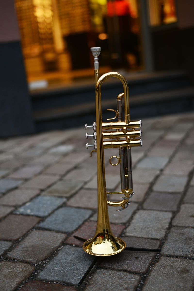gold, gloss, built structure, street, architecture, arts culture and entertainment, street music, city, focus on foreground, trumpet, pedestrian zone, brass