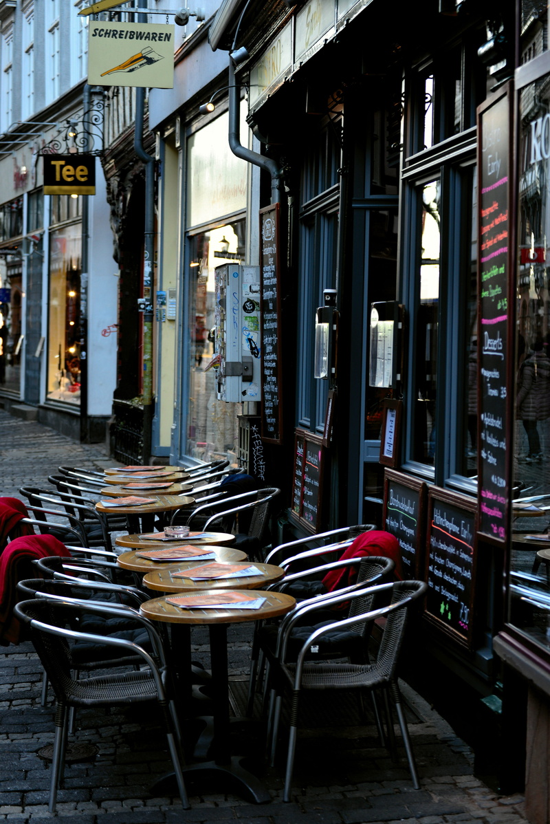 lighting, absence, empty, building exterior, restaurant, day, business, chair, street photography, road, pedestrian zone, urban, no people, downtown, wood - material