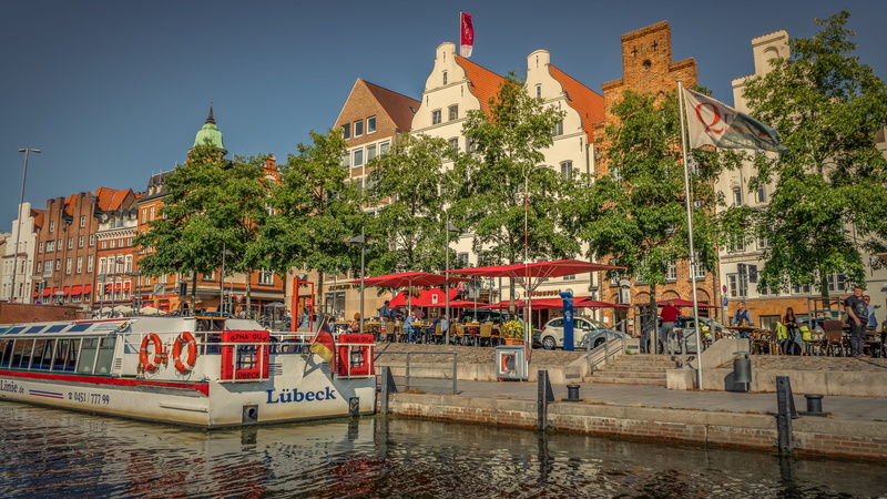 religion, day, lübeck, waterfront, mode of transportation, 5K, built structure, building exterior, pedestrian zone, plant, building, nautical vessel, tree