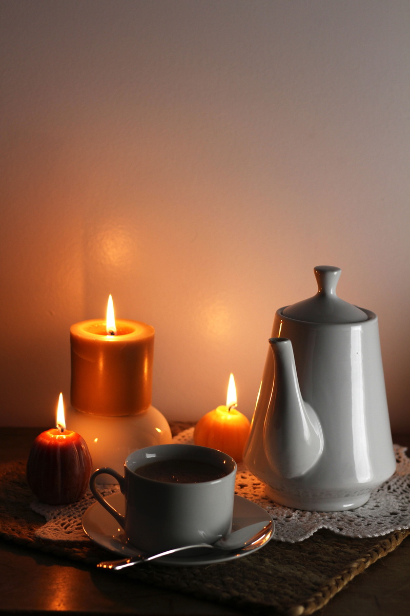 teatime, candlelight, mat, copy space, crockery, three, still life, fire, table, hygge, teapot, close-up, no people, nature, brown, coffee, orange, heat - Temperature
