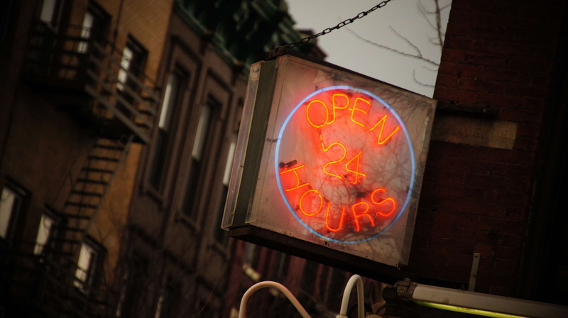 4K, focus on foreground, metal industry, neon signs, building exterior, close-up, burning, food and drink, day, open 24 hours, built structure, glowing
