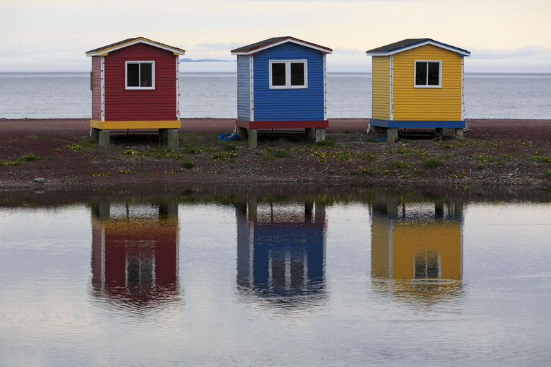 coast, stages, structure, red, no people, fish, rural, newfoundland and labrador, martime, plant, 2K, newfoundland, beach, waterfront, fishery, reflection
