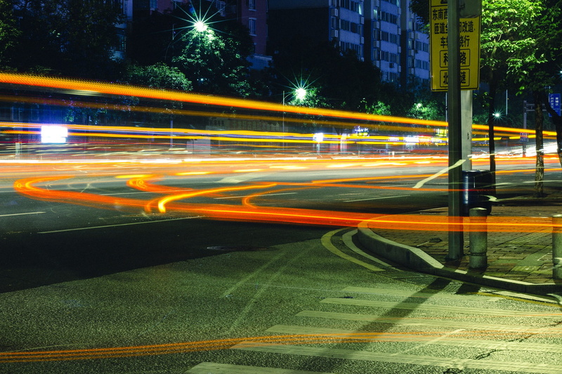 Evening, architecture, illuminated, built structure, motion, Delay, city street, 1080P, outdoors, light trail, Street, busy, city life, city, plant, building exterior