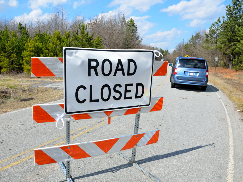 construction, detour, sign, white, land vehicle, guidance, nature, car, street, sunlight, urban, site, safety, stop, barrier, tree, asphalt, warning, road