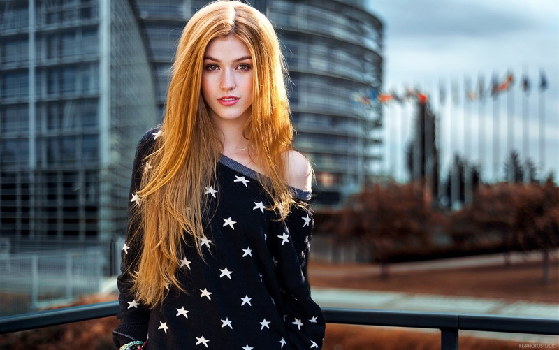 fashion, blond hair, beauty, city life, women, Katherine Mcnamara, sleeved, office building exterior, 1080P, front view, portrait, skyscraper, contemplation