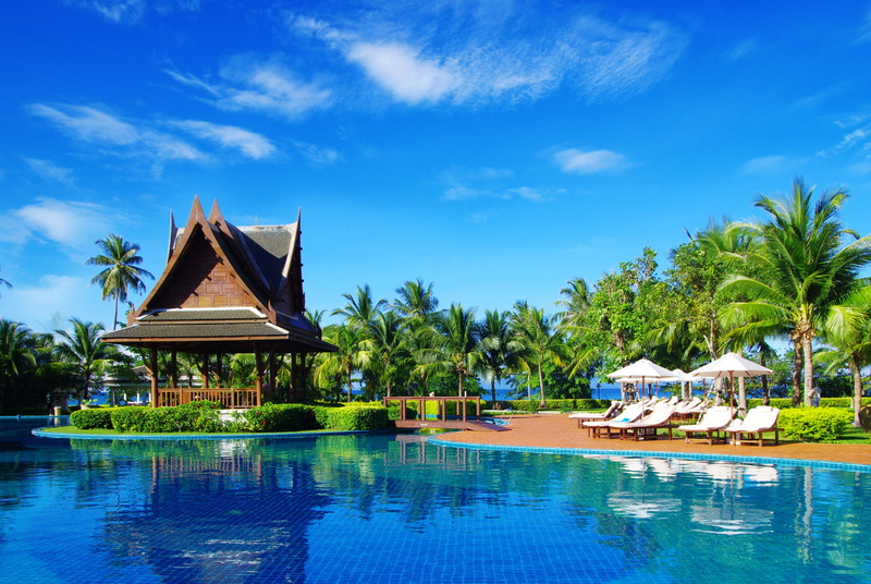 parasols, vacation, garden furniture, trees, 4K, shrubs, sun loungers, pool
