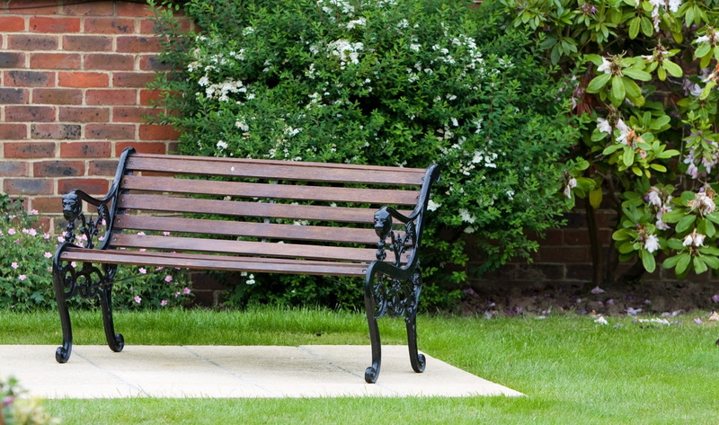 iron, brick, no people, green color, wooden, nature, park - man made space, seat, plant, built structure, 1080P, absence, furniture, front or back yard