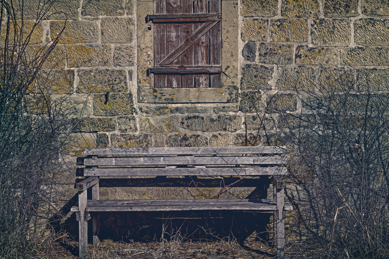 plant, old wood bench, built structure, window, wooden bench, building, building exterior, peace, seat, out, no people, resting place, click, benches, romance