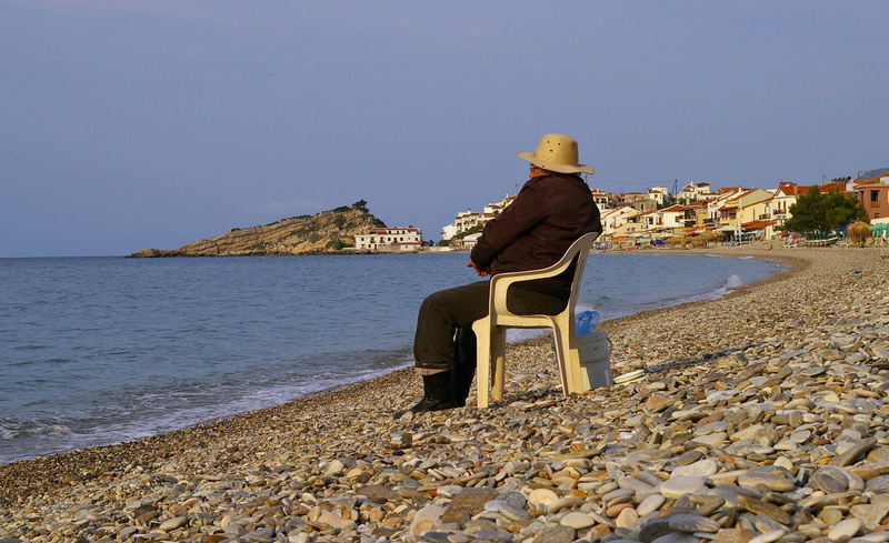 rear view, relax, rock - object, landscape, man, steinchen, clear sky, sun, fish, wait, kokkári, leisure activity, background, island, Beach, real people