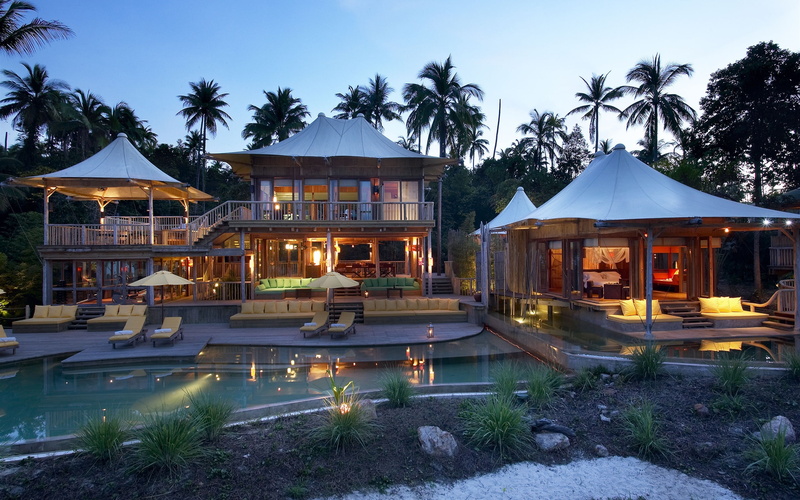 Bedroom, Trees, Chairs, Night, House, Pool, Lights, Bungalow, Palm, Deck, 2K