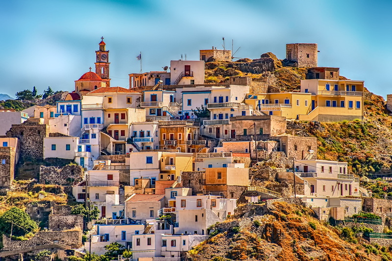 landmark, building exterior, history, slope, 2K, daytime, panorama, greece, town, sky, holiday, lunch, clouds, mountain, roof, olympos, architecture, nature