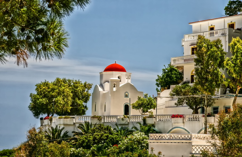 building exterior, holiday, roof, concrete, 2K, religion, travel, blue, greece, dome, palm tree, tree, blue sky, tropical climate, red, chapel, belief