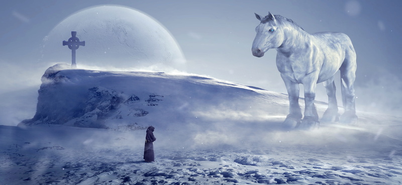 mysterious, mystical, curiosity, winter, domestic, digital composite, side view, monk, cross, 5K, magic, domestic animals, cold temperature, wintry, faith