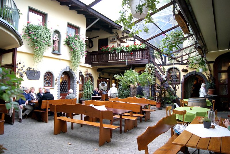 gastronomy, wooden, lighting equipment, outdoors, middle rhine, potted plant, setting, antoniushof, table, wine bar, inn, beverages, einkehr, benches, chair