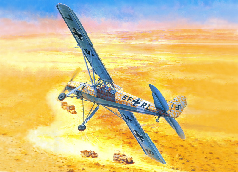 German, art, WW2, Storch, desert, column, small, Fi 156, 8K, avtobronetehnika, the plane, the sky, The Fieseler, Africa, figure