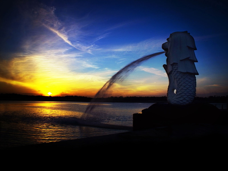 156, fountain, MERLION, sunset, Singapore, Statue, 720P