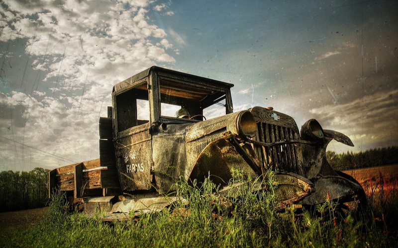 truck, nature, obsolete, damaged, mode of transportation, old photo, land, vehicle, sky, deterioration, plant, motor vehicle, run-down, abandoned, outdoors
