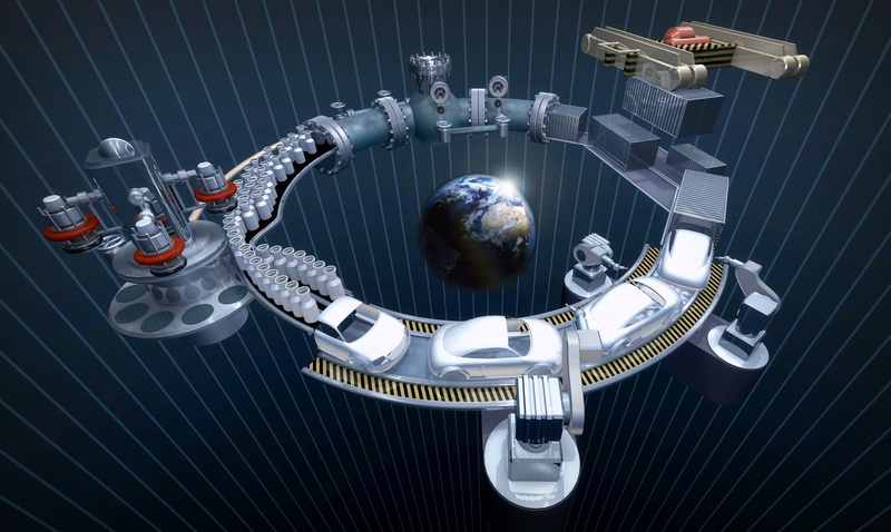 factory, global, energy consumption, responsibility, globe, toy, robot, wealth, skyscraper, logistics, studio shot, architecture, high angle view