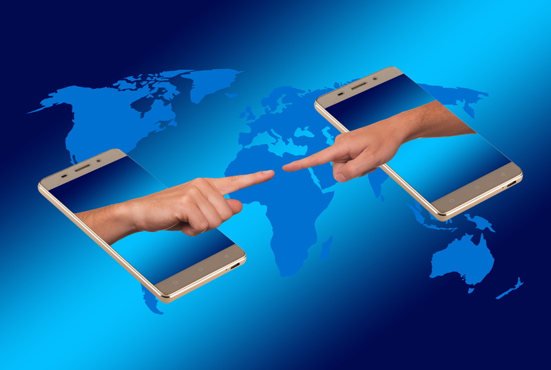 show, connection, global communications, iphone, gold, continents, world map, blue background, divine, computer graphics, 5K, blue, communicate, computer