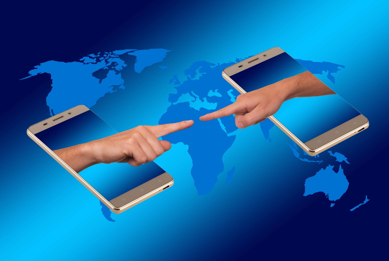 communicate, social media, spar, blue, technology, world map, 4K, phone, colored background, computer network, people, digital composite, business, wireless technology