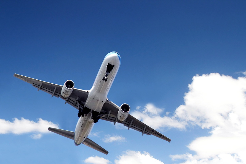 above, 2K, mid-air, plane, white color, cloud - sky, no people, blue, low angle view, business, nature, travel, Commercial Aircraft, white, landing - touching down