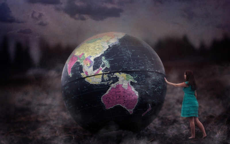 model, Earth, depth of field, barefoot, globes, long hair, Australia, Asia, clouds, 720P, brunette, photo manipulation, blue dress, nature, women, scratches