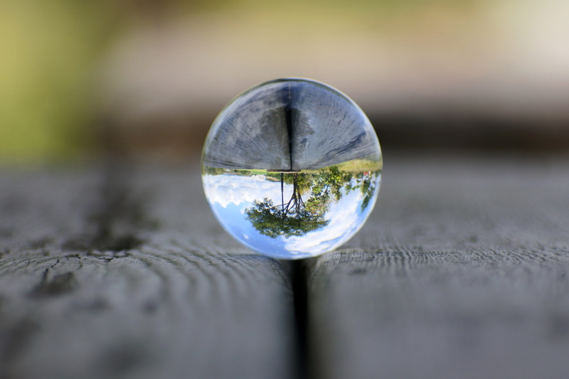 crystal, outdoors, transparent, nature, wood, reflection, 5K, crystal ball, tree, drinking glass, water, glass beads, sphere, park, marbles, single object