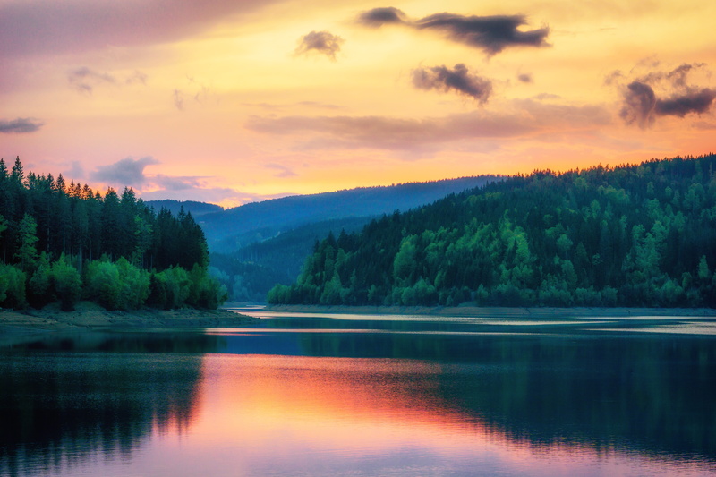 orange color, carinthia, tree, mountain, drought, drinking water quality, idyllic, landscape, sky, mood, sobotoh, lake, bank, blue, plant, tranquil scene