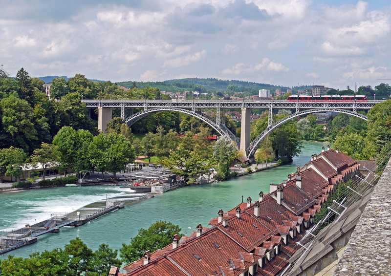 building exterior, aare, kirchenfeldbücke, water, downtown, engineering, bridge, alps river, tram, red, river, city, cloud - sky, day, nature, arch bridge