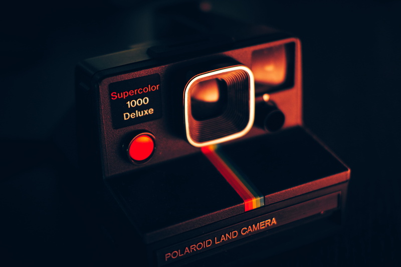 black background, electronics industry, electrical equipment, photography Themes, red, old, camera, communication, Polaroid land camera, push button, polaroid