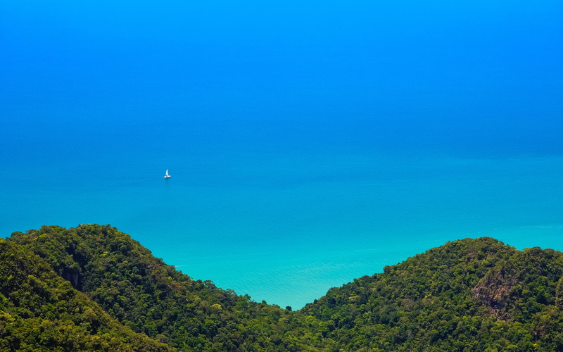 sea, forest, 4K, trees, nature, landscape, boat, sailing ship, Langkawi, hills, Malaysia