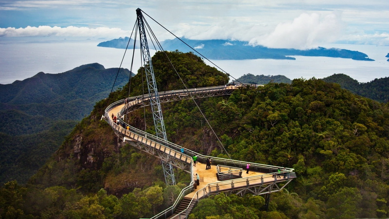 trees, nature, steel Cable, rope, mountain range, langkawi, mode of transportation, suspension Bridge, forest, engineering, hill, mountain, travel Destinations