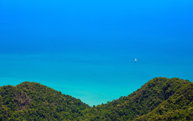 Sailing Ship, mountain, 4K, Langkawi, Trees, plant, Hill, tree, boat, Malaysia, beauty in nature, outdoors, sky, nature, flying, aerospace industry, copy space