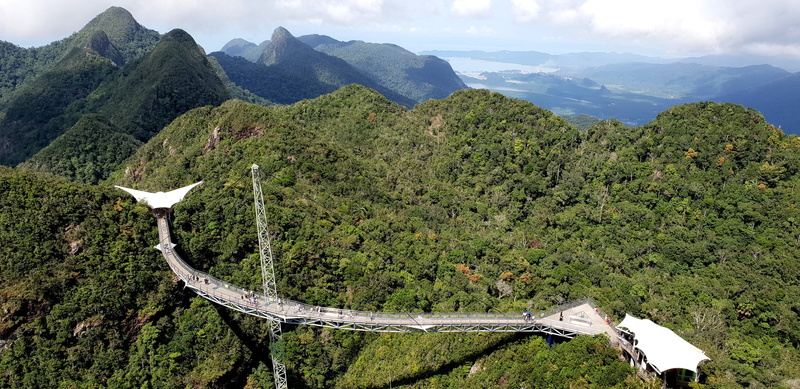 sky, bridge, nature, environment, tree, cloud - sky, day, high angle view, tranquil scene, skybridge, no people, 4K, trees, remote, mountain road, outdoors