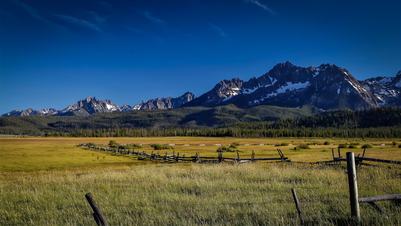 scenics - nature, landscape, grassy meadow, field, blue, 5K, mountain, formation, outdoors, snowcapped mountain, high country sunset, tranquility, evening light