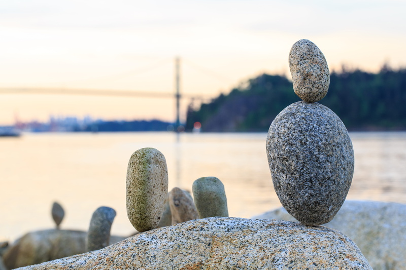 lionsgate bridge, focus on foreground, west vancouver, early morning, quiet, outdoors, day, rock - object, nature, stone stacking, close-up, rock, vancouver